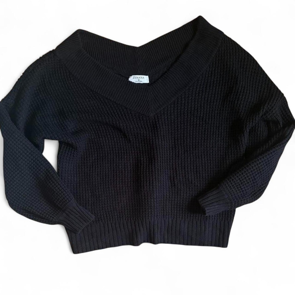 Zenana Womens Black Ribbed Deep V-Neck Off-Shoulder Knit Sweater Size Medium